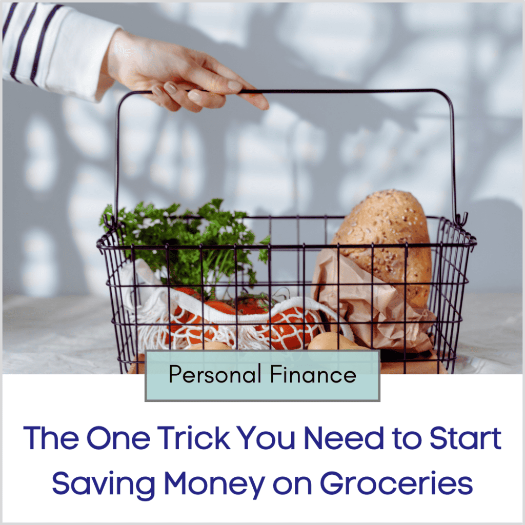 A woman's hand on a basket of groceries