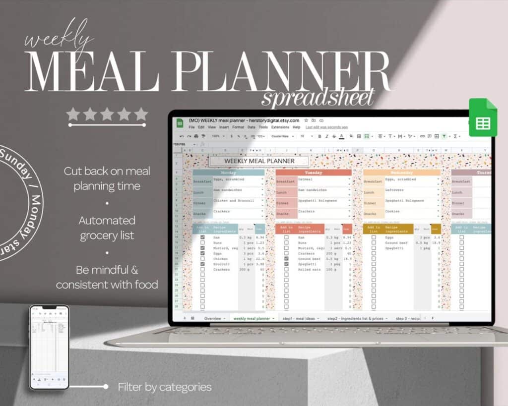 A weekly meal planner spreadsheet