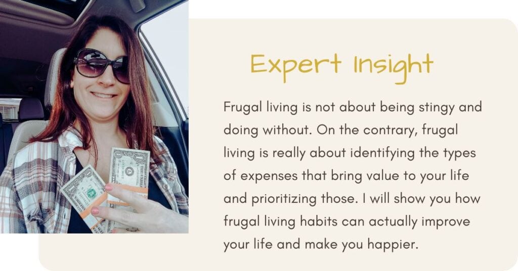 A woman holding cash and giving her take on frugal living