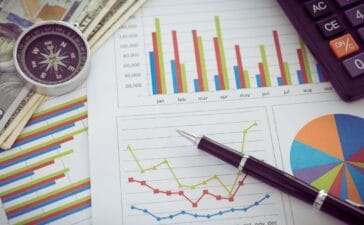 Graphs and a stack of cash representing financial independence