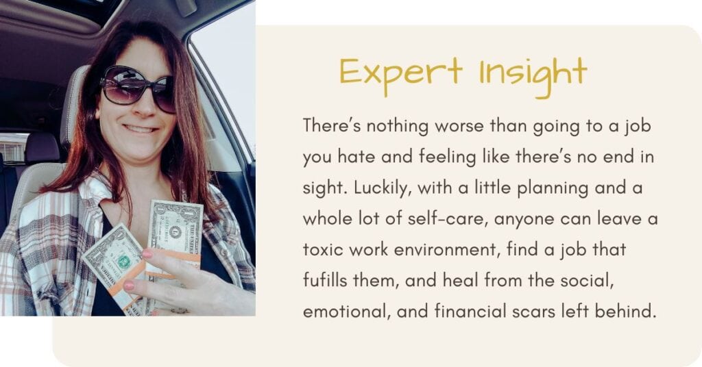 A woman holding cash and giving her advice on escaping a toxic work environment